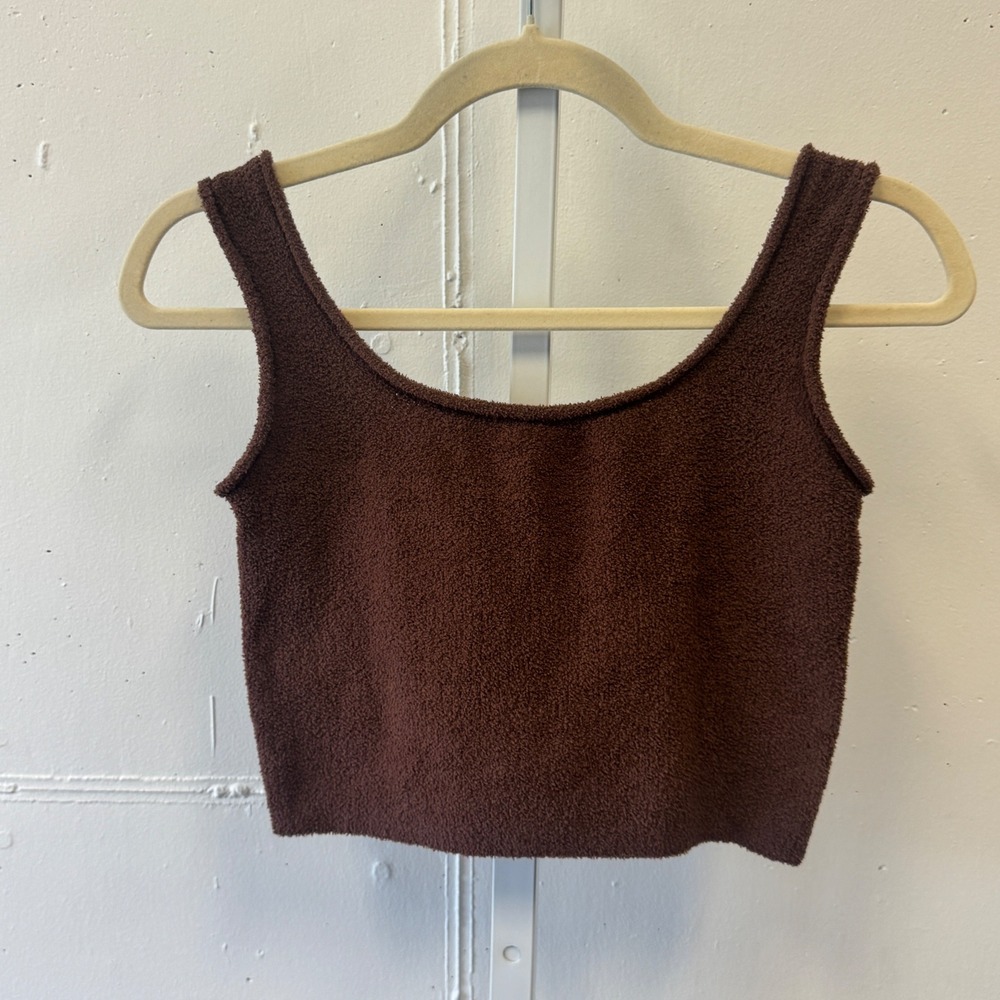 NWT Monki‎ C Say Knit Top Dark Brown Boucle Knit Sleeveless Crop Tank Small